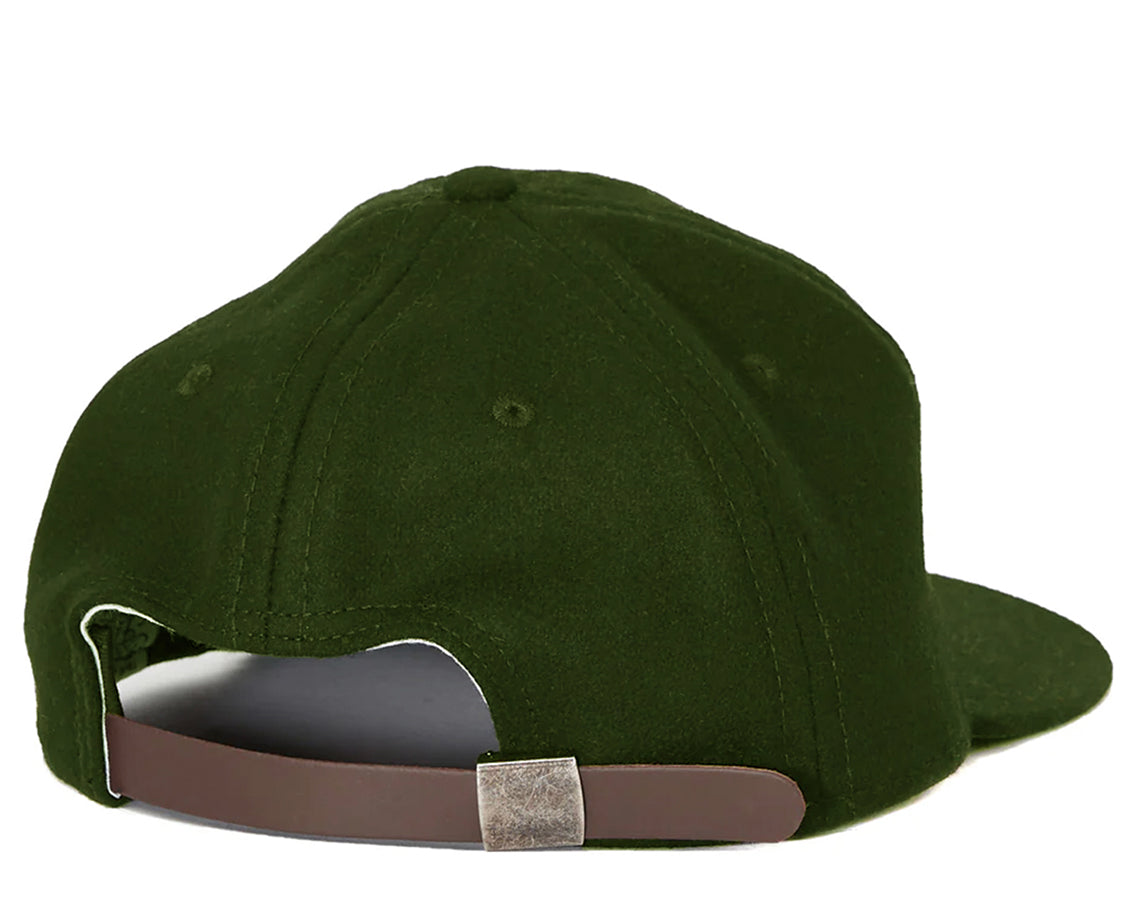Army green baseball cap with a curved brim.