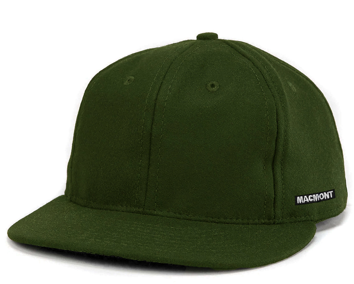 Left-side view of an army green baseball cap with a curved brim