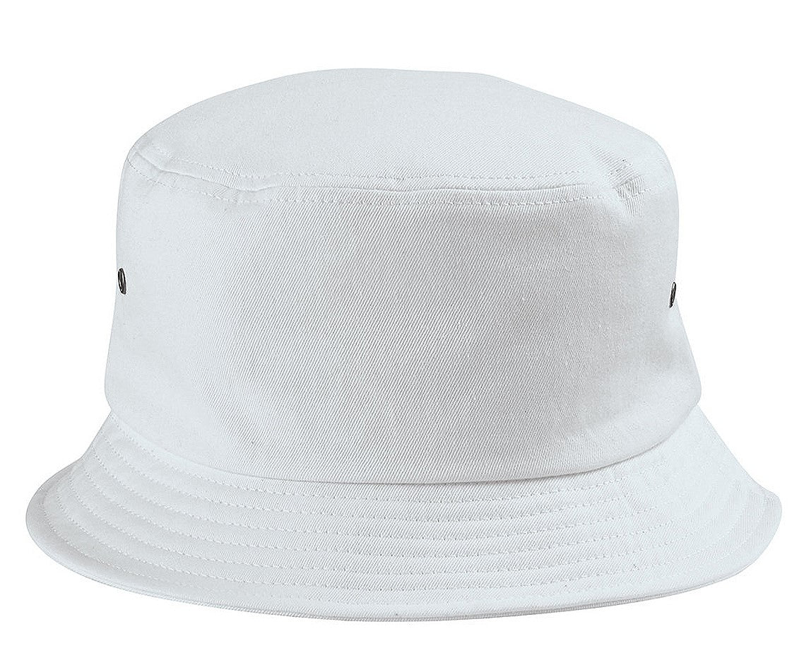 White Premium Cotton Bucket Hat with adjustable strap, perfect for sunny days.